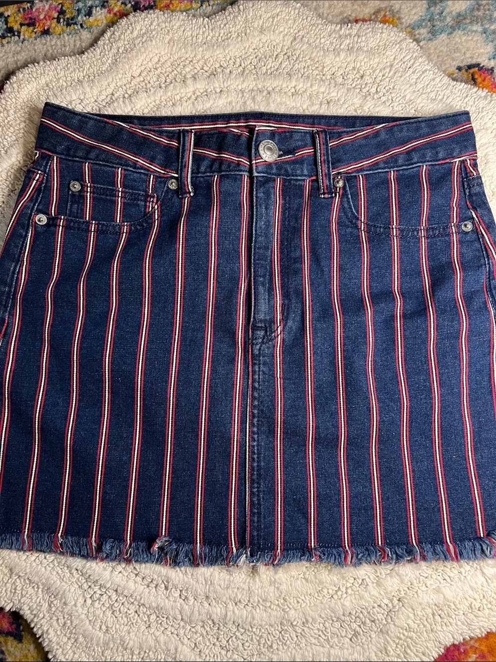 American Eagle Striped Denim Hi-Rise Mini Skirt Navy Red White Stripes Size 6